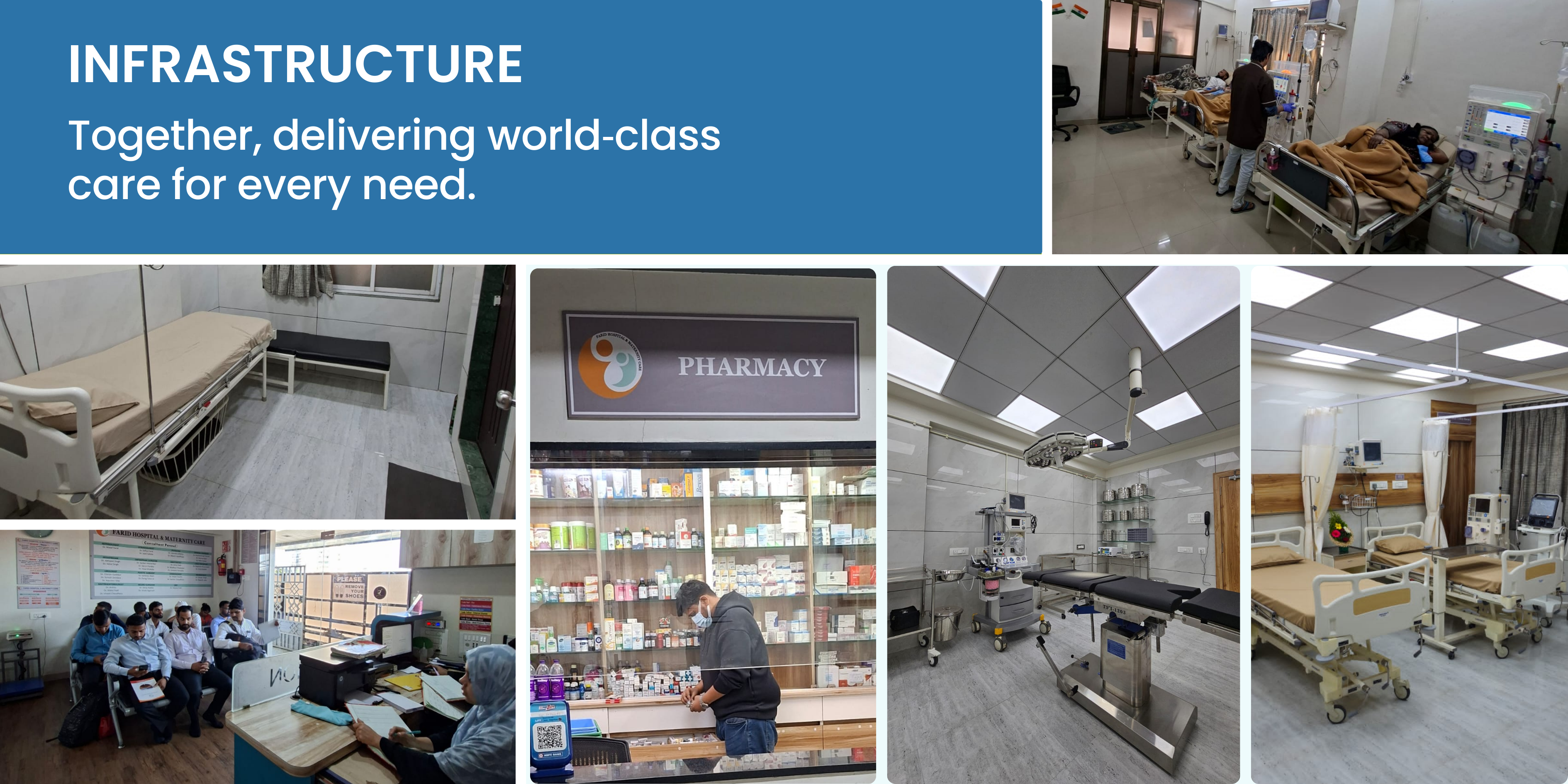 Modern hospital infrastructure including ICU beds, dialysis units, pharmacy, operation theatre, and patient rooms designed for world-class healthcare.